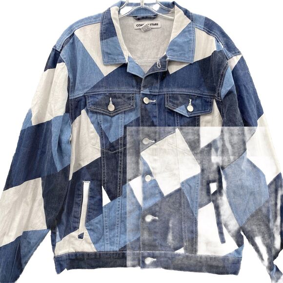 Rework Cowboy Stars Jean Jacket Women Medium Blue Denim Trucker 90s Colorblock - Picture 3 of 10